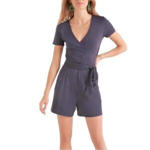 Boden Blue Caroline Jersey Wrap Short Sleeve Belted Shorts Romper Pockets US 10T